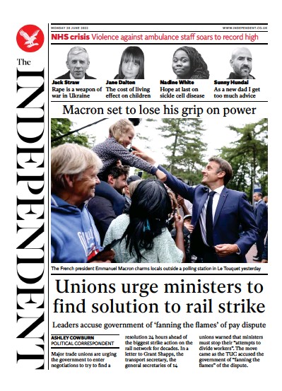 The Independent Newspaper Front Page (UK) for 21 June 2022