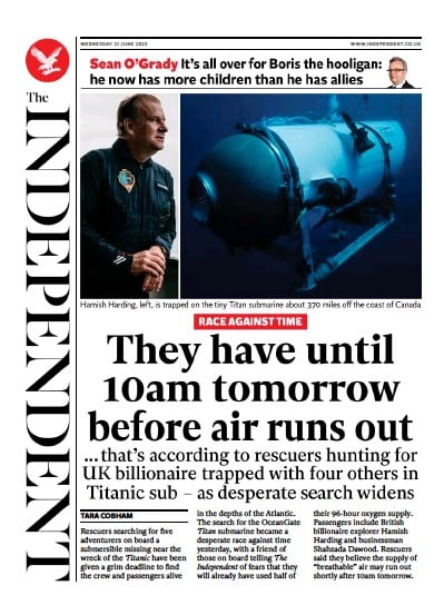 The Independent Newspaper Front Page (UK) for 21 June 2023