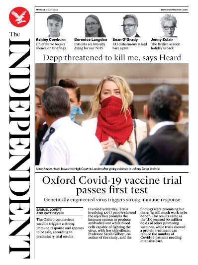 The Independent Newspaper Front Page (UK) for 21 July 2020
