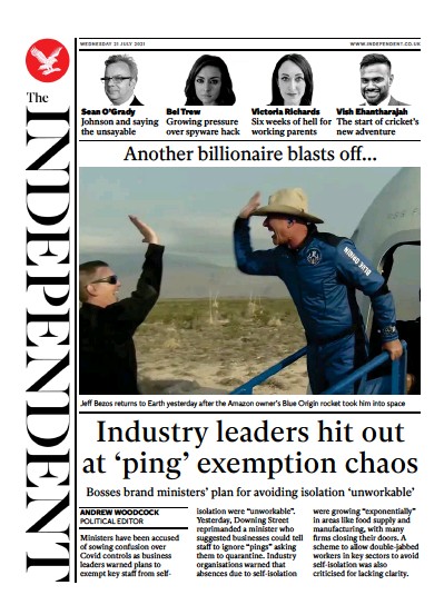 The Independent Newspaper Front Page (UK) for 21 July 2021