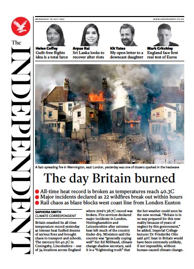 The Independent Newspaper Front Page (UK) for 21 July 2022