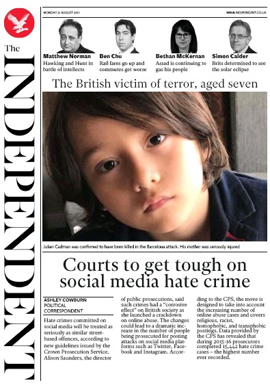 The Independent Newspaper Front Page (UK) for 21 August 2017