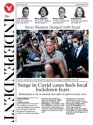 The Independent Newspaper Front Page (UK) for 21 August 2020