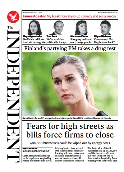 The Independent Newspaper Front Page (UK) for 21 August 2022