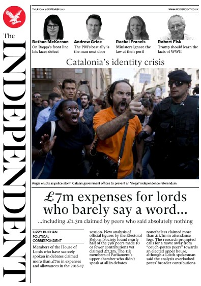The Independent Newspaper Front Page (UK) for 21 September 2017