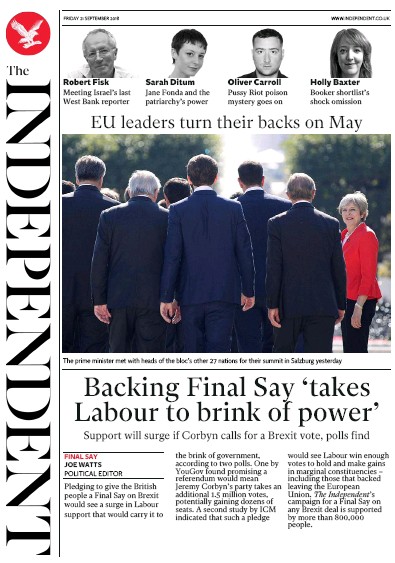 The Independent Newspaper Front Page (UK) for 21 September 2018