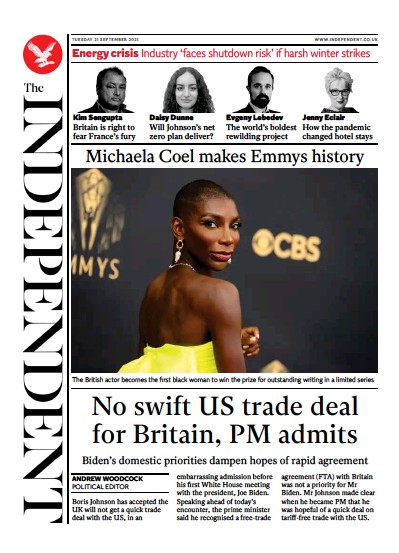 The Independent Newspaper Front Page (UK) for 21 September 2021