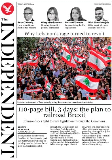 The Independent Newspaper Front Page (UK) for 22 October 2019