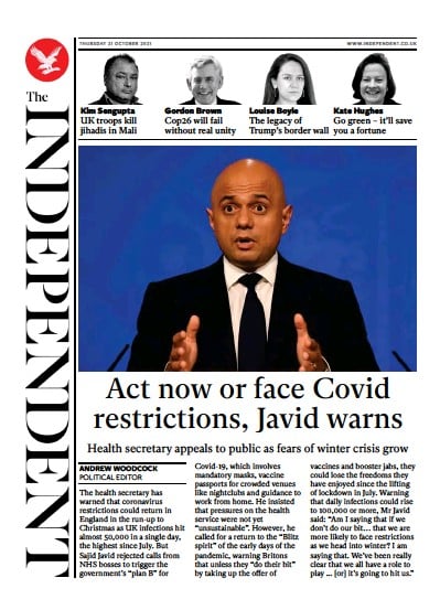 The Independent Newspaper Front Page (UK) for 22 October 2021