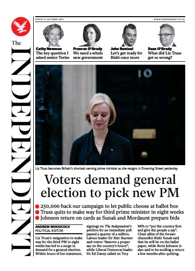 The Independent Newspaper Front Page (UK) for 22 October 2022