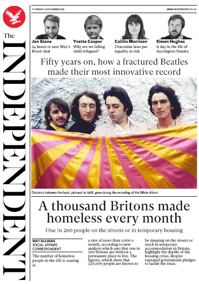 The Independent Newspaper Front Page (UK) for 22 November 2018