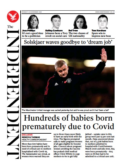 The Independent Newspaper Front Page (UK) for 22 November 2021