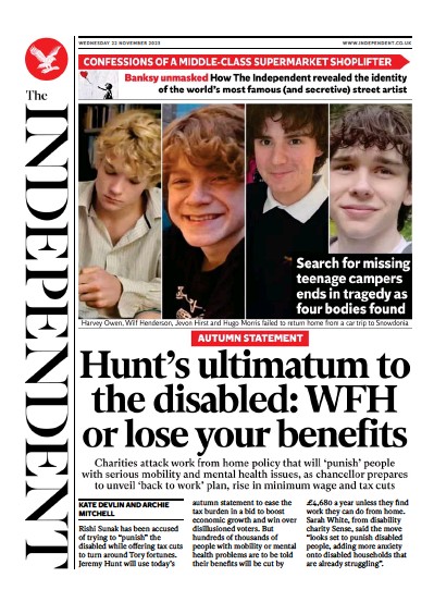 The Independent Newspaper Front Page (UK) for 22 November 2023
