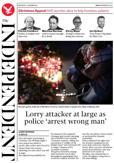 The Independent Newspaper Front Page (UK) for 22 December 2016