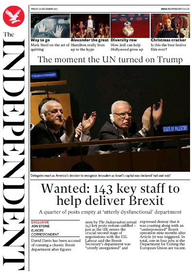 The Independent Newspaper Front Page (UK) for 22 December 2017