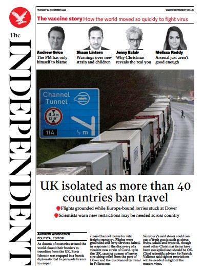 The Independent Newspaper Front Page (UK) for 22 December 2020