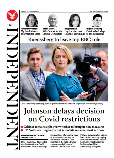 The Independent Newspaper Front Page (UK) for 22 December 2021