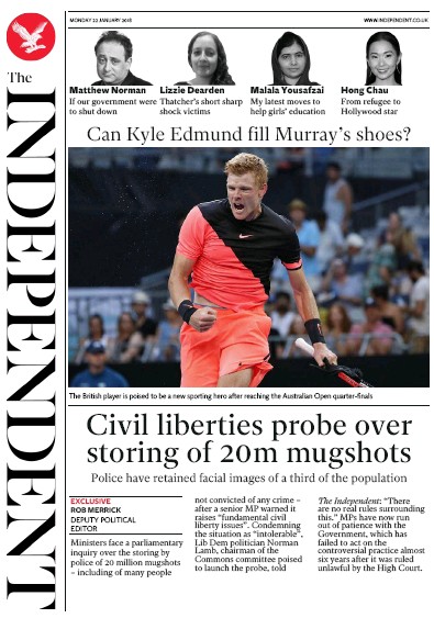 The Independent Newspaper Front Page (UK) for 22 January 2018