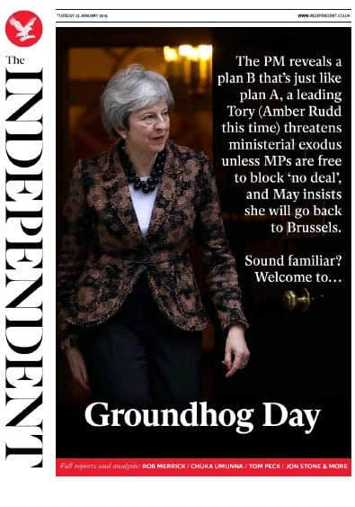 The Independent Newspaper Front Page (UK) for 22 January 2019