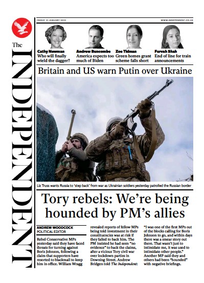 The Independent Newspaper Front Page (UK) for 22 January 2022