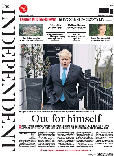 The Independent Newspaper Front Page (UK) for 22 February 2016