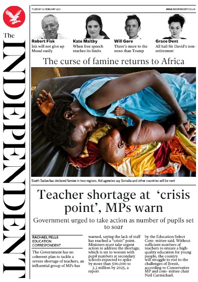 The Independent Newspaper Front Page (UK) for 22 February 2017
