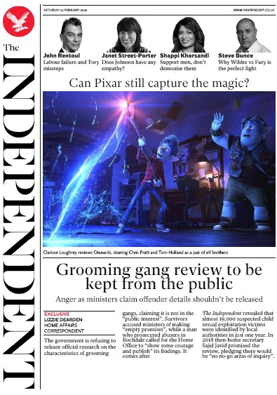 The Independent Newspaper Front Page (UK) for 22 February 2020