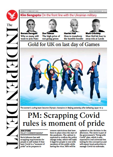 The Independent Newspaper Front Page (UK) for 22 February 2022