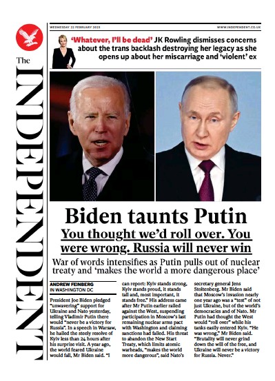 The Independent Newspaper Front Page (UK) for 22 February 2023