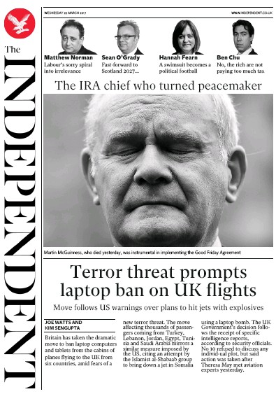 The Independent Newspaper Front Page (UK) for 22 March 2017