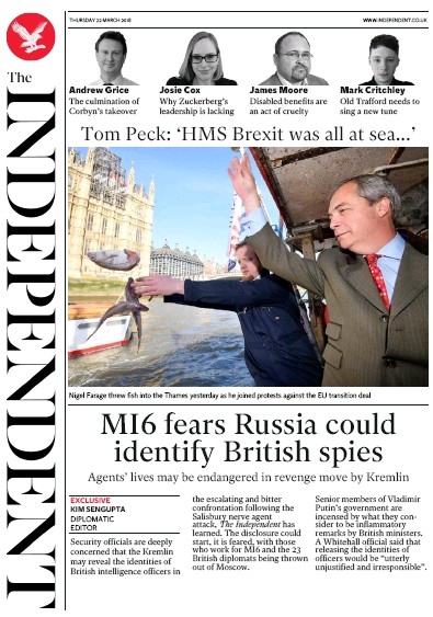 The Independent Newspaper Front Page (UK) for 22 March 2018