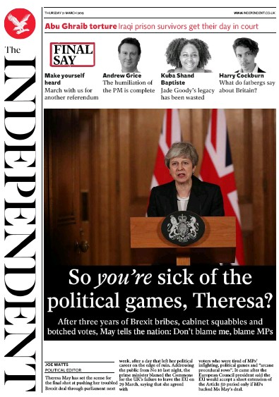 The Independent Newspaper Front Page (UK) for 22 March 2019