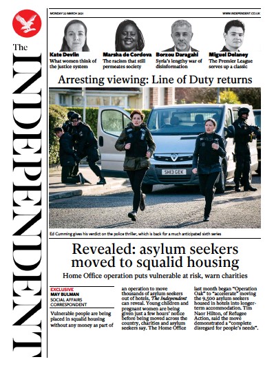 The Independent Newspaper Front Page (UK) for 22 March 2021