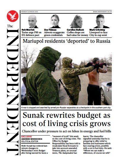 The Independent Newspaper Front Page (UK) for 22 March 2022
