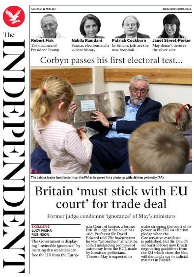The Independent Newspaper Front Page (UK) for 22 April 2017