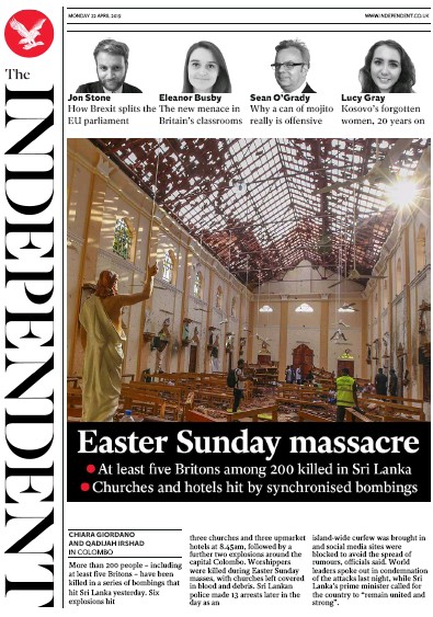 The Independent Newspaper Front Page (UK) for 22 April 2019