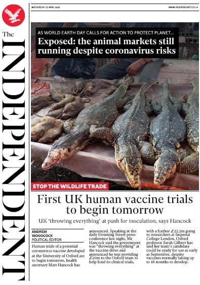 The Independent Newspaper Front Page (UK) for 22 April 2020