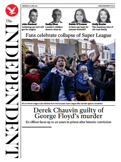 The Independent Newspaper Front Page (UK) for 22 April 2021