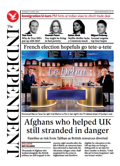 The Independent Newspaper Front Page (UK) for 22 April 2022