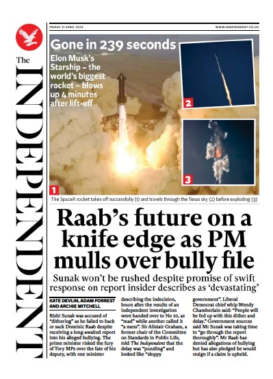 The Independent Newspaper Front Page (UK) for 22 April 2023