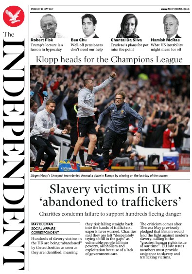 The Independent Newspaper Front Page (UK) for 22 May 2017