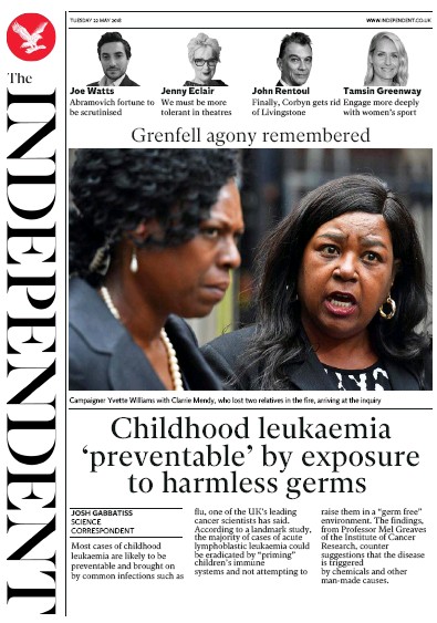 The Independent Newspaper Front Page (UK) for 22 May 2018