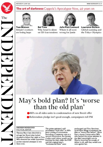 The Independent Newspaper Front Page (UK) for 22 May 2019
