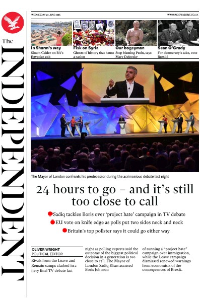 The Independent Newspaper Front Page (UK) for 22 June 2016