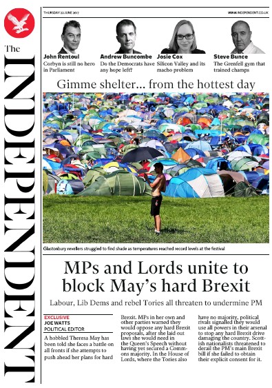 The Independent Newspaper Front Page (UK) for 22 June 2017