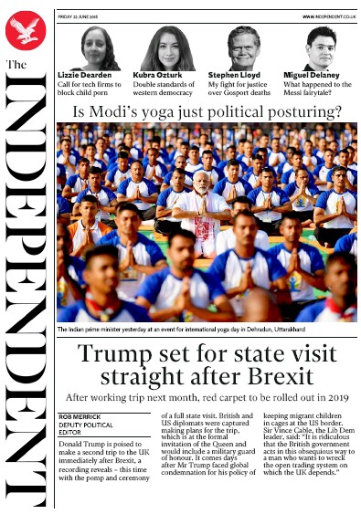 The Independent Newspaper Front Page (UK) for 22 June 2018