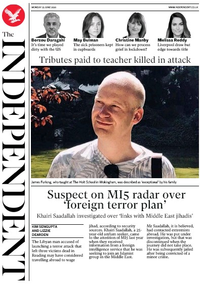 The Independent Newspaper Front Page (UK) for 22 June 2020