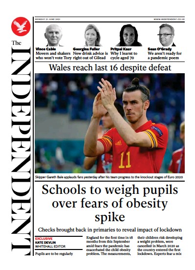 The Independent Newspaper Front Page (UK) for 22 June 2021