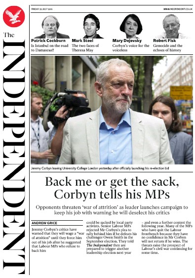 The Independent Newspaper Front Page (UK) for 22 July 2016