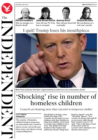 The Independent Newspaper Front Page (UK) for 22 July 2017